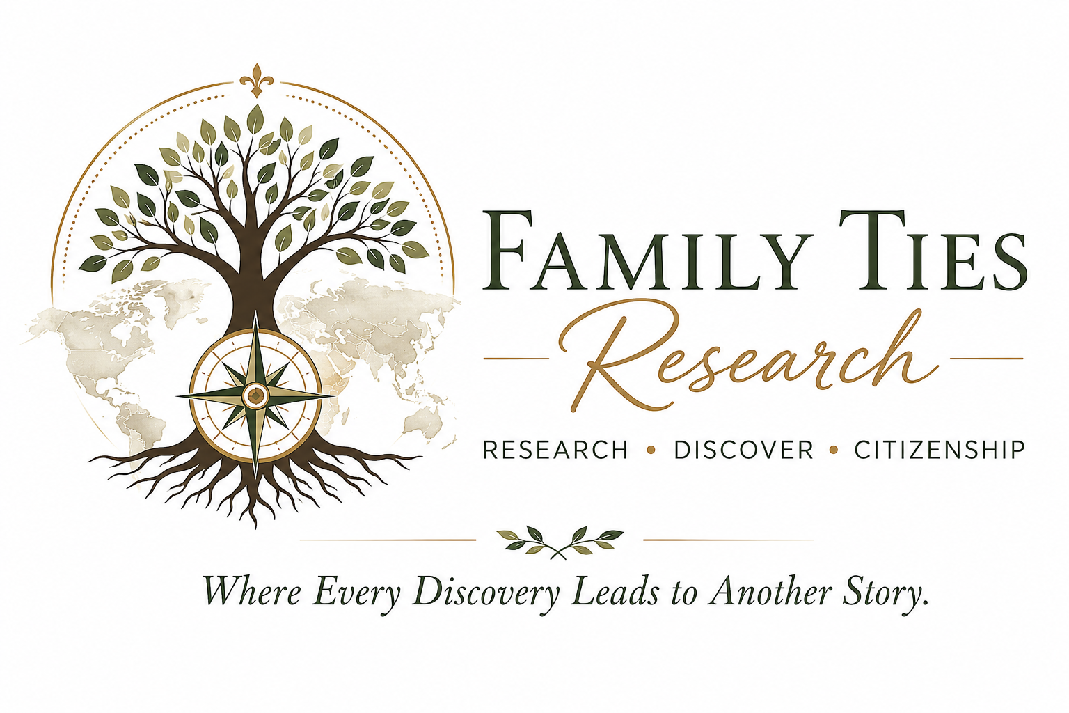 Family Ties Research logo with a family tree, compass, and world map