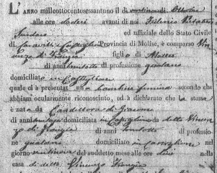 Old handwritten Italian vital record with script handwriting