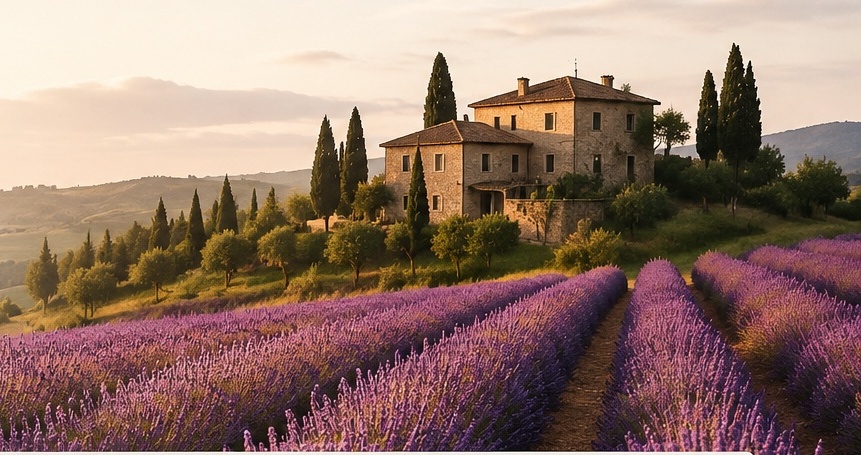 Lavender fields, cypress trees, and a hillside villa in Tuscany, Italy